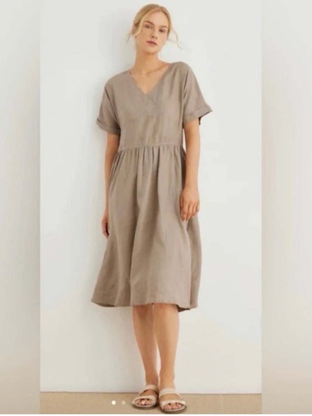 Grae Cove NWT Linen Sandstone Taupe Relaxed V-Neck Midi Dress A-line size Large